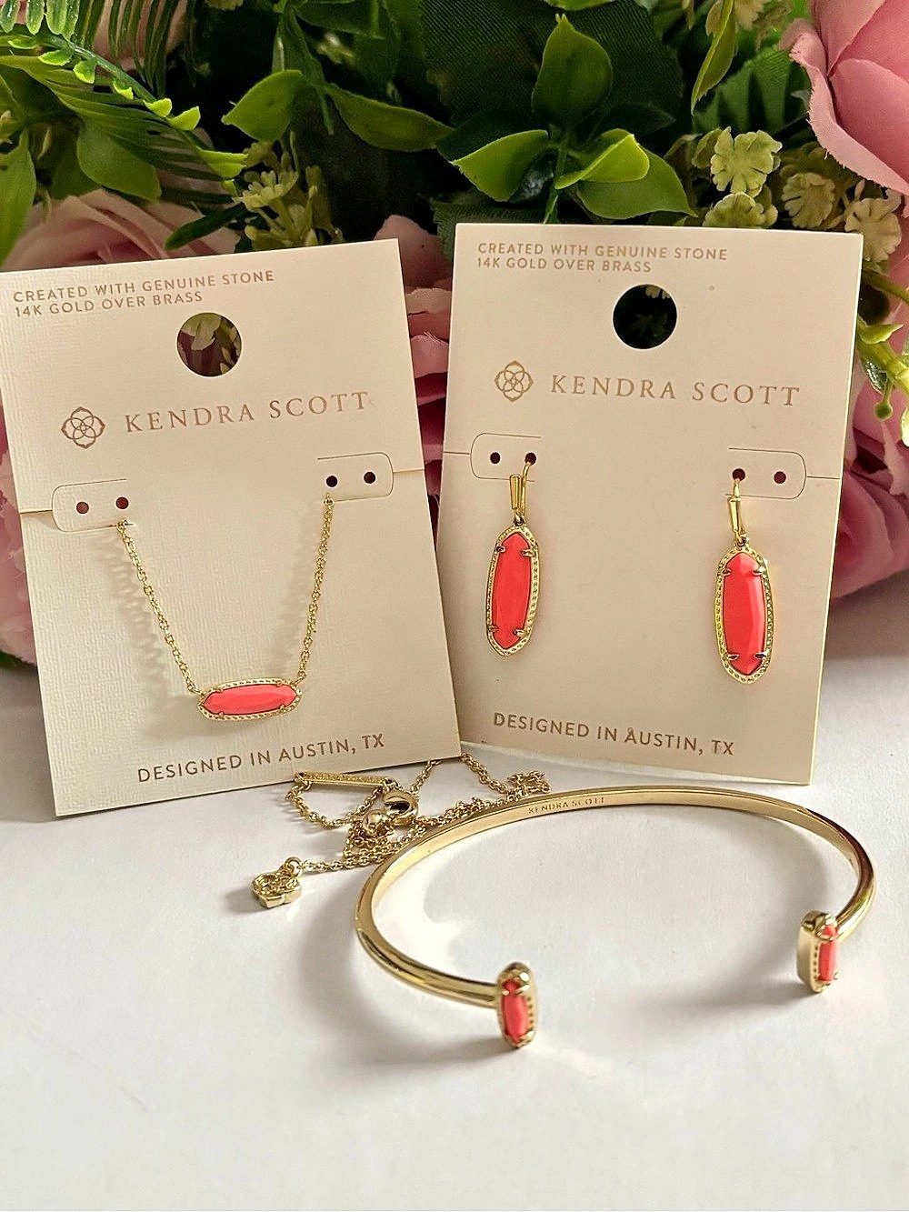NWT Kendra Scott set of Eva earrings + Necklace + Emma bracelet in gold orange